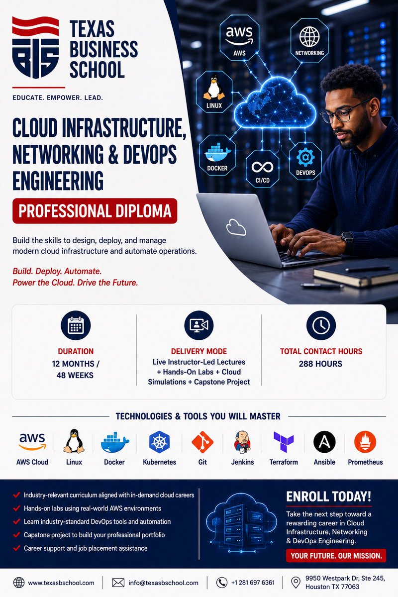 Texas_B_School's tweet photo. Ready for a career in Cloud &amp; DevOps?
Earn your Professional Diploma in Cloud Infrastructure, Networking &amp; DevOps Engineering at Texas Business School.

🌐 https://t.co/iG7QxQcozr 📧 info@texasbschool.com 📞 +1 281 697 6361
#CloudComputing #DevOps #TexasBusinessSchool #AWS https://t.co/OjMXW9OUcW