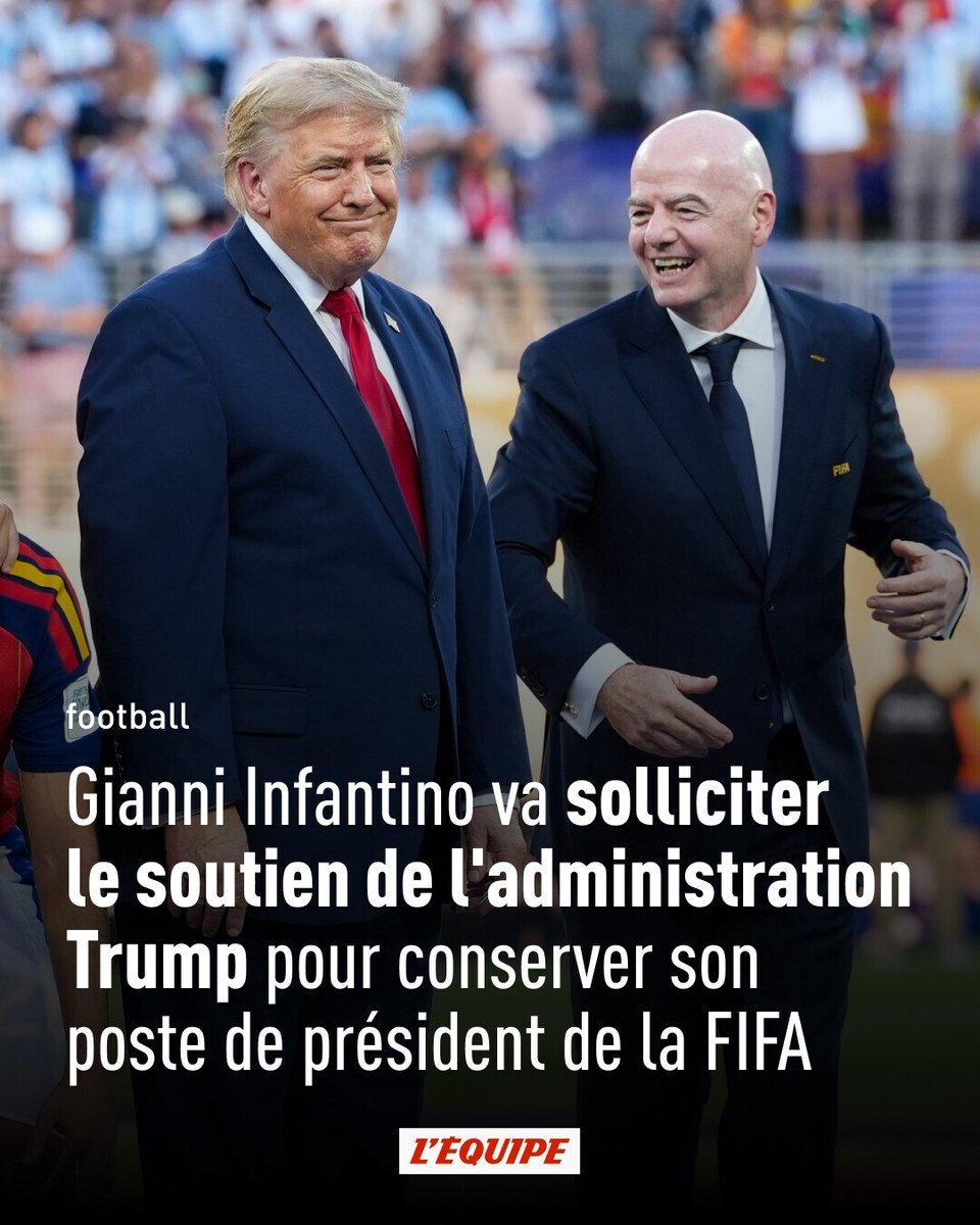 lequipe's tweet photo. Sous pression malgré l'abandon de son projet de vente de parts de la Coupe du monde, Gianni Infantino souhaiterait solliciter de l'aide à l'administration Trump, d'après plusieurs médias. 

Le président de la FIFA estime avoir besoin de soutien public pour garder sa place à la tête de l'instance ➡️ https://t.co/bXVq7FUoLO