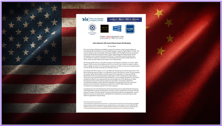 IBAHRI's tweet photo. #UnitedStates: IBAHRI and partners express gave concern about the arrest of Chinese #HumanRights #lawyer Wu Shaoping by the US Immigration and Customs Enforcement (#ICE) and the serious risks posed by his potential deportation to #China.

Read and share: https://t.co/UcL2g8bCZV https://t.co/cDm7zrYquN