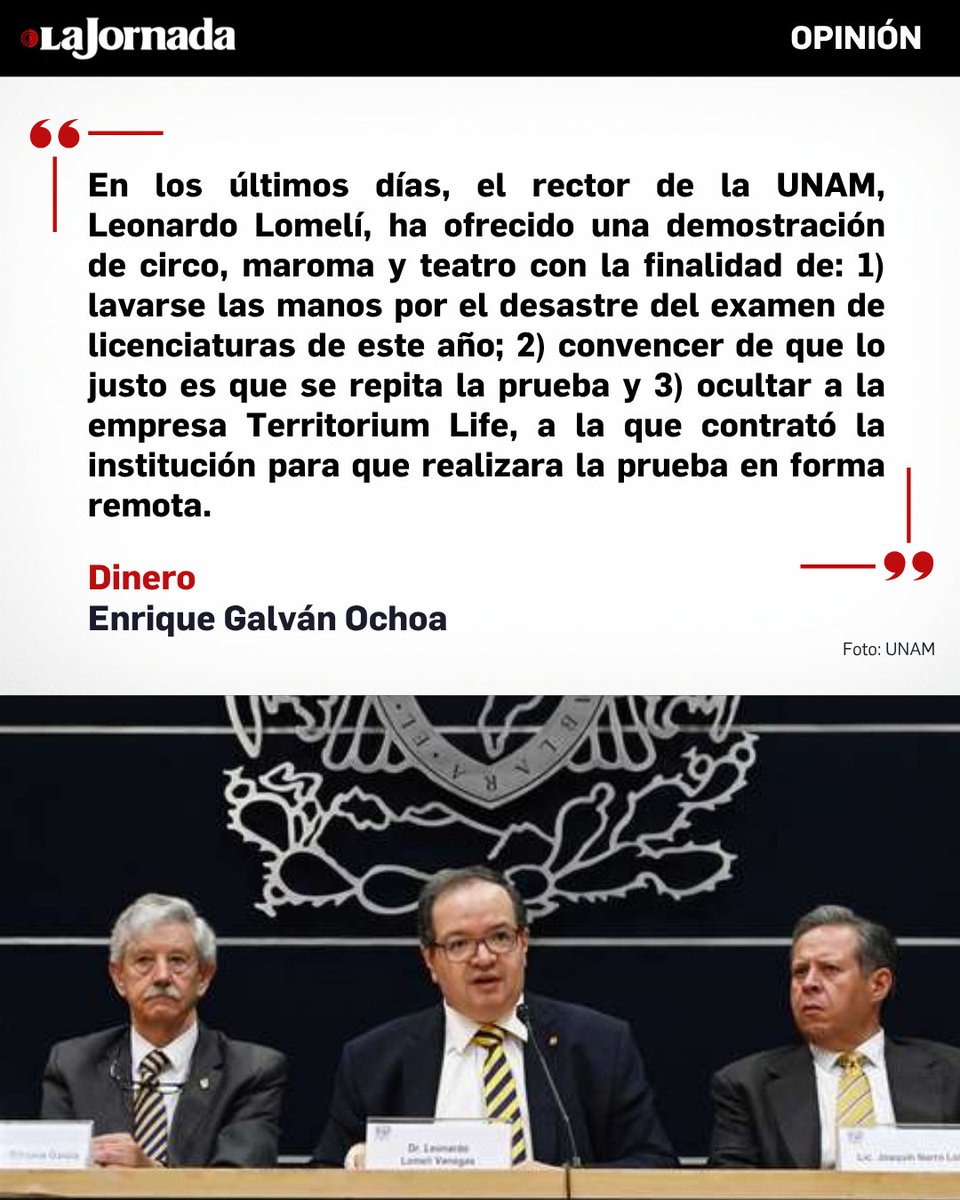 LaJornada's tweet photo. #Dinero, columna de @galvanochoa

Es curioso que en el informe de la comisión técnica a la que encargó investigar las irregularidades no se mencionara al proveedor. Tampoco el rector lo hizo. Es intrigante que haya renunciado Patricia Dolores Dávila Aranda a la secretaría general sin informar si fue la culpable del fiasco (¿o chiva expiatoria?) Lo que está claro es que un contrato de servicios, cuya cuantía va de 40 a 100 millones de pesos, asignado en forma directa, no puede firmarse sin la autorización, o al menos, el conocimiento del rector. ¿Y el contrato, apá?

Más información en: https://t.co/oX3SCL8hUU