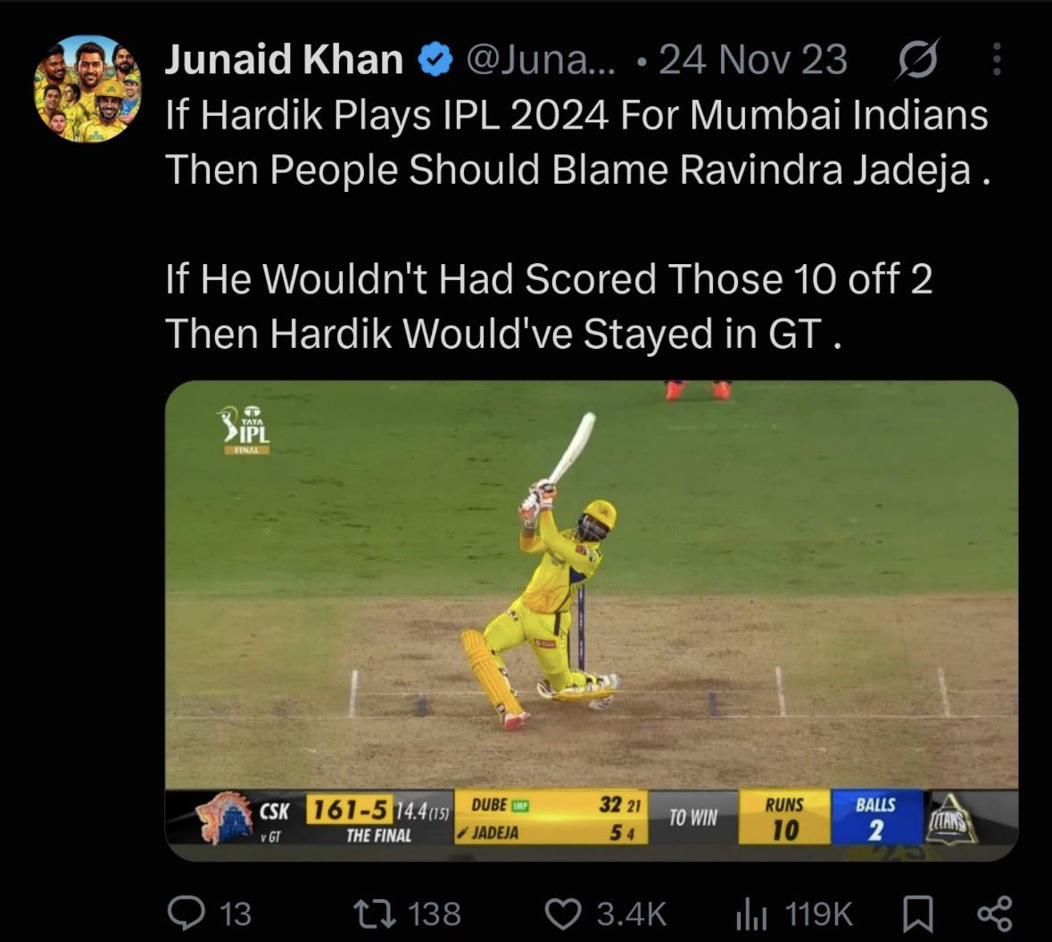 NTheWizard_'s tweet photo. Believe Me Junaid Khan Is a CSK Fan🤡

Why Jaddu Won Us The 2023 Final😭 https://t.co/CE3ReJNfrR