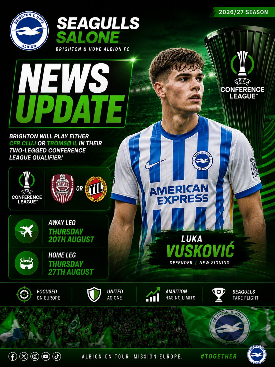 sajretta001's tweet photo. Brighton’s European journey starts here 👇  
UEFA Conference League Qualifier vs CFR Cluj OR Tromsø IL

🛫 Away Leg: 20th August  
🏟️ Home Leg: 27th August

Ambition has no limits. Seagulls take flight. 🌊
#Together #BHAFC #ConferenceLeague https://t.co/dVsMZTm7Tt
