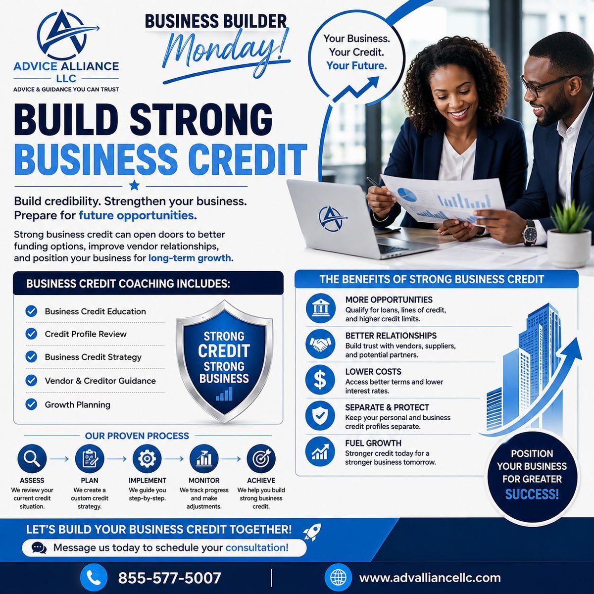 AdviceAlliance's tweet photo. 💼 Business Builder Monday

Strong business credit can help strengthen your company's financial foundation and credibility.

Our Business Credit Coaching helps you understand the process, build a strategy, and position your business for future growth. 🚀 https://t.co/3W6CmPkEAy