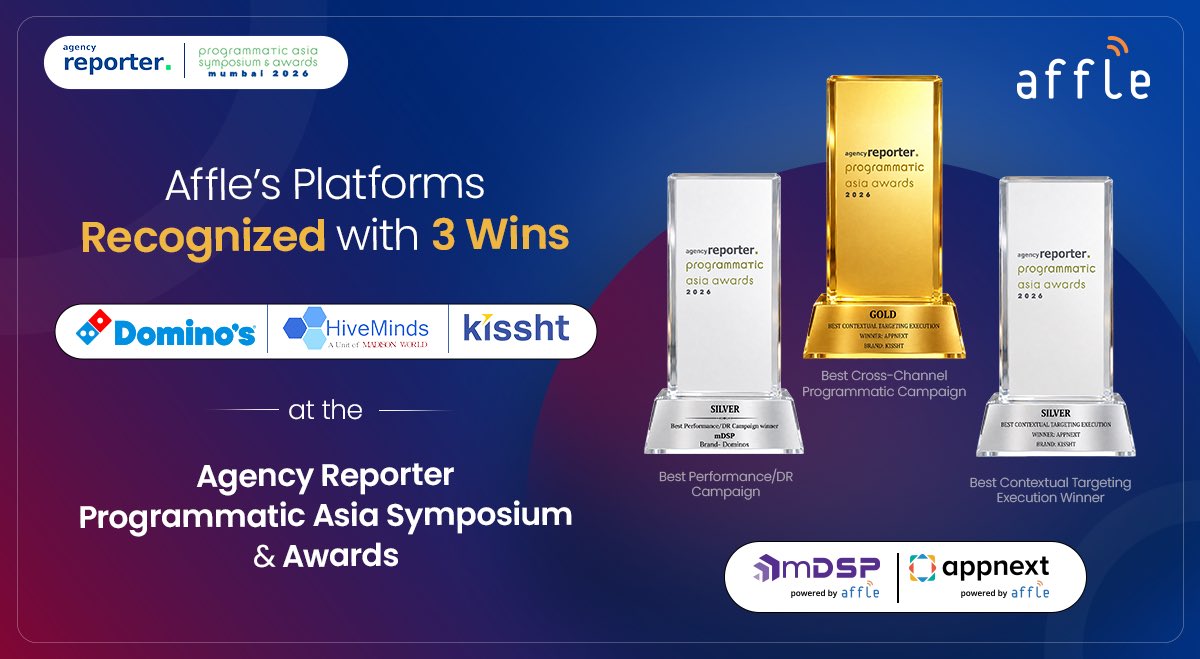 affle's tweet photo. @affle’s platforms were recognised at the Agency Reporter Programmatic Asia Awards.

🏆 Appnext: Silver – Best Contextual Targeting Execution (Kissht)

🏆 mDSP: Gold – Best Cross-Channel Programmatic Campaign &amp; Silver – Best Performance Campaign (Domino’s x Hiveminds) https://t.co/kVoSY1ufnC