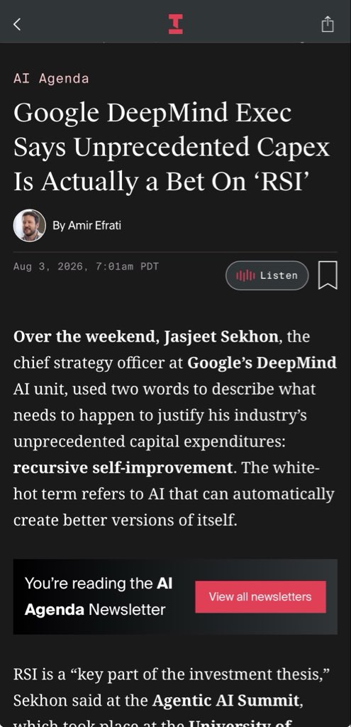 amir's tweet photo. 👀👀The trillion dollar AI capex of 2026 is predicated on RSI, a Google DeepMind exec says. 

RSI is the new AGI. 

Easy to roll your eyes at, but read the full article and decide for yourself https://t.co/gdvgmTmB9R