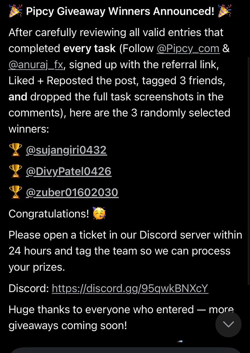 empirialprops's tweet photo. 🎉 Pipcy Giveaway Winners Announced!

Congratulations to our 3 winners! 🏆
@sujangiri0432
@DivyPatel0426
@zuber01602030
Thank you to everyone who participated. Winners, please open a ticket in our Discord within 24 hours to claim your prize.

Stay tuned—more exciting giveaways are coming soon!