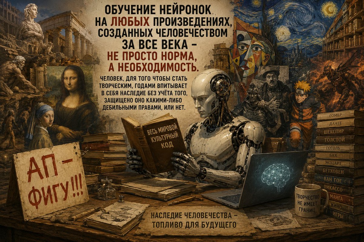 freaier's tweet photo. Обучение нейронок на любых произведениях, созданных человечеством за все века - не просто норма, а необходимость.
Человек, для того чтобы стать творческим, годами впитывает в себя наследие без учёта того, защищено оно какими-либо дебильными правами, или нет.
Покажем АП фигу, люд! https://t.co/Lz0mLuvPyj