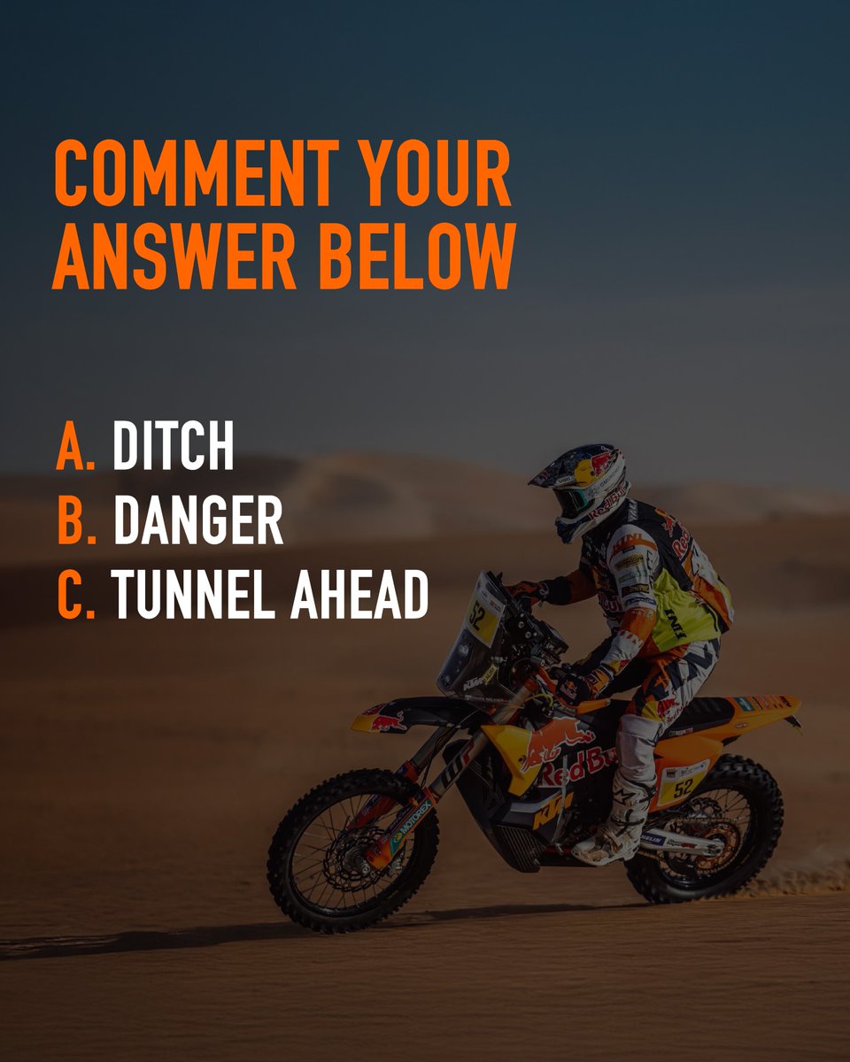 India_KTM's tweet photo. Reading a roadbook in the middle of nowhere takes split-second precision. One wrong call and itβs game over. ποΈ
What does this symbol mean?
A) Ditch
B) Danger
C) Tunnel Ahead
Tag a riding buddy who needs to hone their navigation skills! β¬οΈ
#KTM #KTMIndia #ReadyToRace https://t.co/MF5q6LoQTW