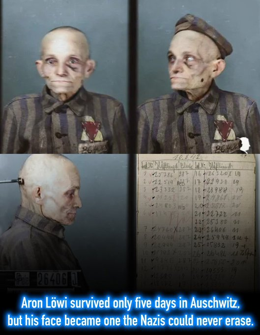 Rainmaker1973's tweet photo. This is Aron Löwi, a 62-year-old Polish Jewish merchant from the small town of Zator. A husband, a neighbor, a man with a name, a family, and a life of his own.

On March 5, 1942, that life was brutally stripped away.

Upon arriving at Auschwitz, Aron was no longer seen as a human being. He became prisoner number 26406.

The haunting mugshots taken that day show a man already bruised, starved, and hollow-eyed, clear evidence of abuse even before he entered the camp. On his striped uniform were the badges of Nazi classification: a yellow star marking him as Jewish, and a red triangle labeling him a political prisoner.

Aron Löwi survived just five days in Auschwitz. He arrived on March 5 and was dead by March 10, 1942. His cause of death was never officially recorded, just one of millions dismissed as “unfit for labor.”

In five short days, the Nazis tried to erase a lifetime.

But they failed.

His face, his photograph, and his prisoner number remain. Every time we speak his name, we push back against the oblivion they sought to impose.

To remember even one is to resist forgetting them all.
