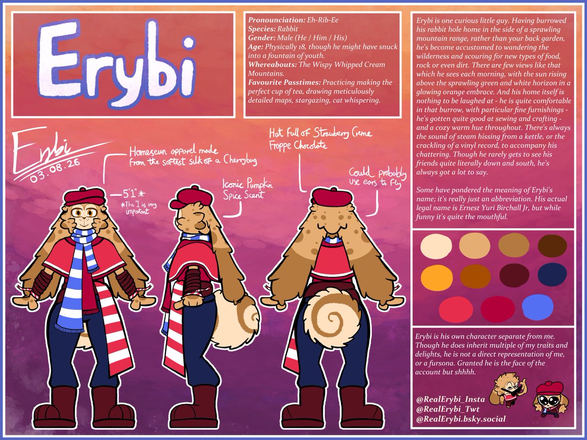 RealErybi_Twt's tweet photo. NEW PINNED!

Properly (re)introducing this account's mascot and namesake, Erybi; a quite colourful rabbit who's off sightseeing as much as is revelling in the comfort of his cozy burrow home in the peaks of the Wispy Whipped Cream Mountains https://t.co/yZv4rJezxE