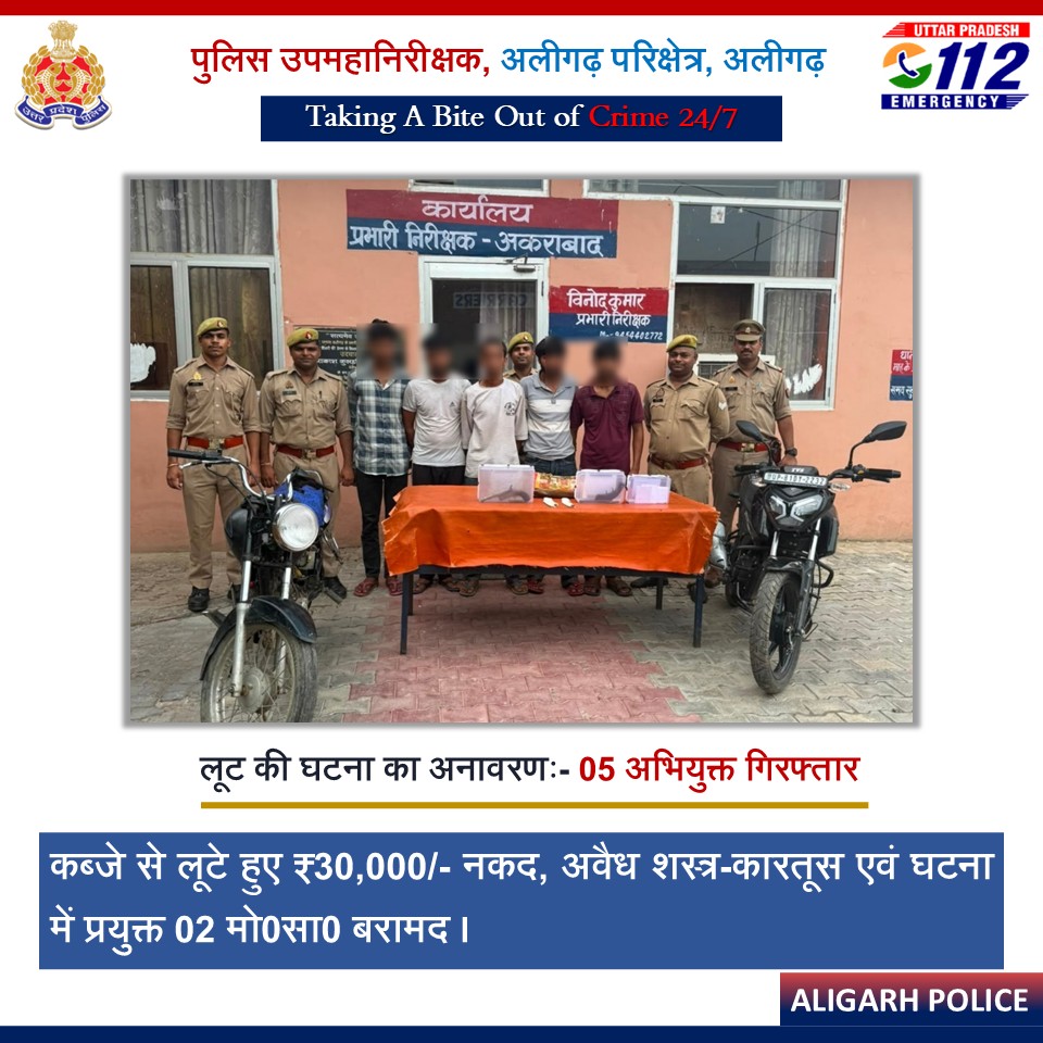 rangealigarh's tweet photo. परिक्षेत्रीय जनपद अलीगढ़ के थाना अकराबाद पुलिस टीम द्वारा लूट की घटना कारित करने वाले 05 अभियुक्तों को गिरफ्तार करते हुए कब्जे से ₹30,000/- नकद, घटना में प्रयुक्त 02 मो0सा0 एवं अवैध शस्त्र-कारतूस बरामद किए गए हैं।    
#GoodWorkUPP #WellDoneCops https://t.co/6Dh5bjN3ji