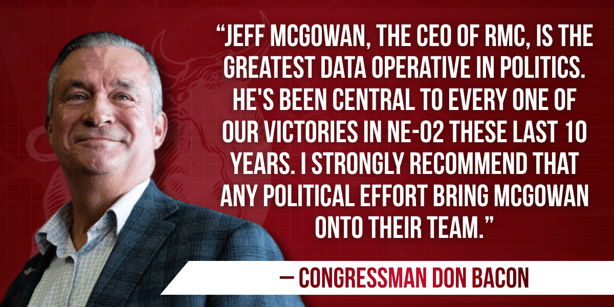 RMCStrategy's tweet photo. Congressman Don Bacon doesn’t mince words. 

When a 5-term Congressman in one of the toughest districts in America calls you “the greatest data operative in politics,” you listen.

Over 200 election victories later, RMC is still proving that smart data + relentless execution beats big money and flashy offices.
