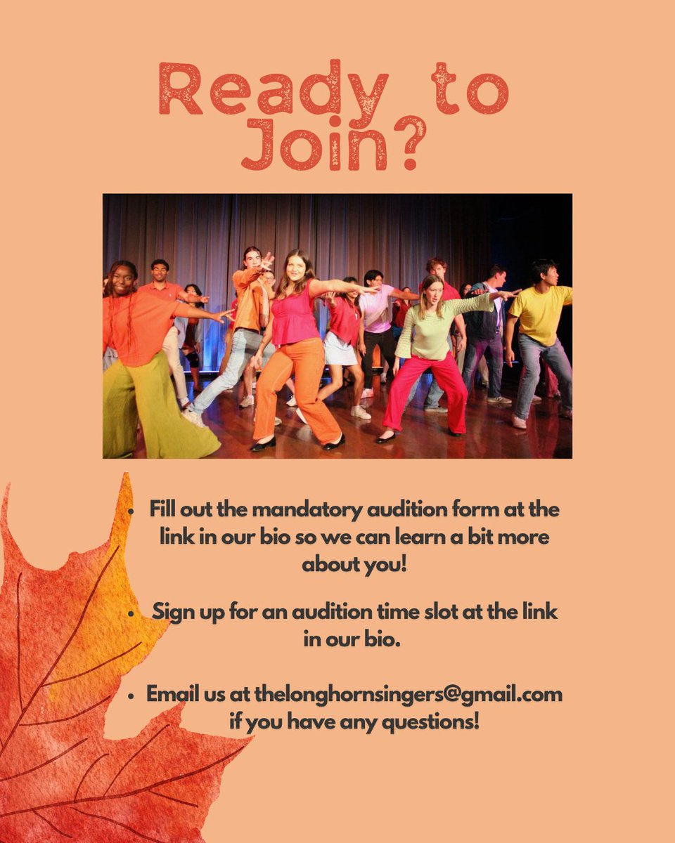 LonghornSingers's tweet photo. As the Fall approaches, we couldn't be more excited to announce auditions for the Fall 2026 semester! Check our website for more details, and click the links in our bio to fill out the info sheet &amp; sign up for a time slot. See you soon, Longhorns!! 🧡🎵 #ut30 #ut29 #ut28 #ut27 https://t.co/IZqkH72QQK