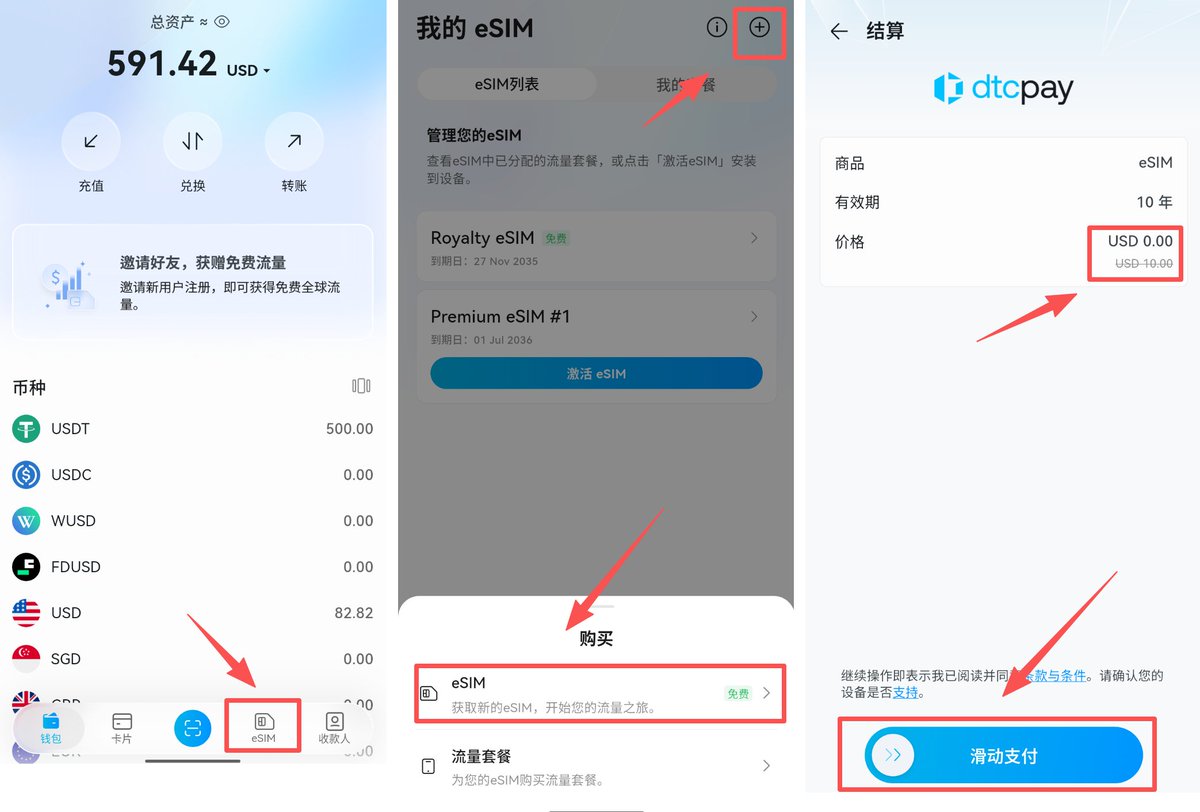 kittendong's tweet photo. 🇸🇬 dtcpay 来送免费新加坡IP的eSIM啦！！！

这次可以直接免费领取一张新加坡 eSIM，页面显示原价 10 美元，现在直接变成 USD 0.00，而且有效期长达 10 年！😳

这张 eSIM 最大的亮点，就是可以使用新加坡 IP。平时需要新加坡网络环境，或者注册、使用部分海外平台时，又多了一个可以折腾的小工具啦～📱

领取流程也很简单：

1️⃣ 打开 dtcpay App，进入【钱包】
2️⃣ 点击底部的【eSIM】
3️⃣ 点击右上角的【＋】
4️⃣ 在购买页面选择免费的【eSIM】
5️⃣ 确认金额为 USD 0.00，滑动支付即可领取

具体位置小猫已经全部用红框和箭头标出来了，大家跟着图片操作就行。

不过现在领取的人非常多，免费入口可能不会每次都出现。如果进去没看到，或者暂时领取失败，先别急，多刷新几次、多进几次页面试试😹。

⚠️ 顺便提醒一下：这次免费领取的是 eSIM 卡本身，流量套餐需要另外查看和购买，不是送十年免费流量哦！

能领到的宝宝记得回来吱一声，看看今天谁的手气最好～🐱