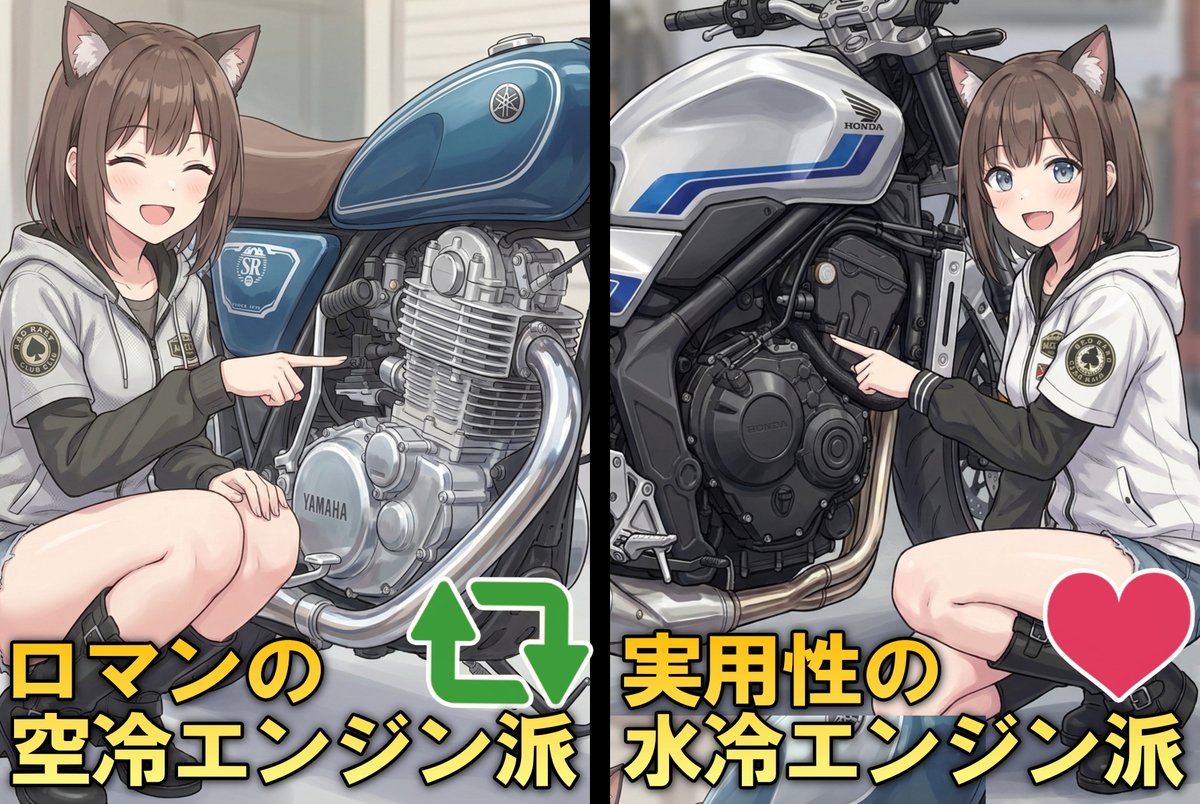 tetsuuma_jinja's tweet photo. ＼あなたはどっち派？／

バイクのエンジンは水冷と空冷、どっちが好みですかか？

①鼓動感と音はロマンの空冷エンジン派→🔁リポスト
②パワー・耐久性・実用性の水冷エンジン派→❤️いいね

皆さんの好きなエンジンもコメントでお寄せください😆

#バイク乗りと繋がりたい https://t.co/rjeqGXaQt9