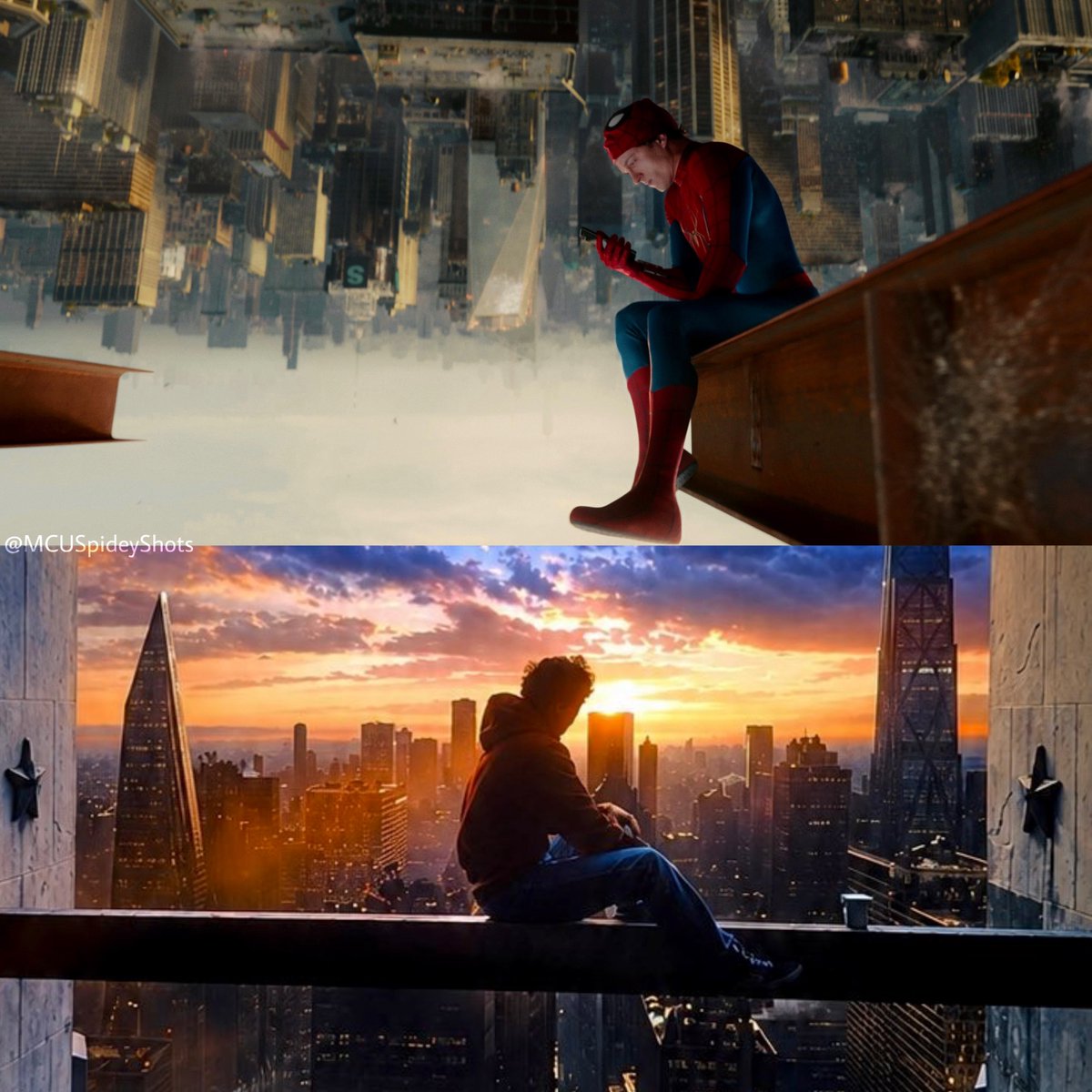 MCUSpideyShots's tweet photo. Brand New Day begins with Spider-Man upside down and excluded from New York, but ends with Peter Parker face up being part of the city.

Best Spidey movie ever imo https://t.co/eCRYrn3MxF