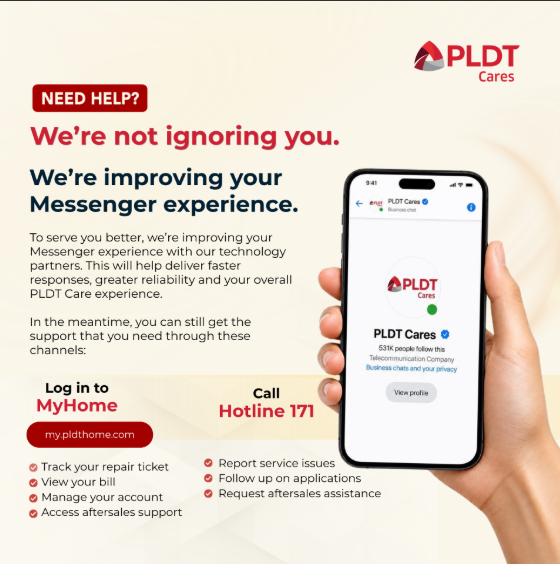 PLDT_Cares's tweet photo. We Haven’t Forgotten You 💙

Waiting for a reply via PLDT Cares Messenger? You haven’t been ignored. We’re improving our experience to provide faster, more reliable support.

Thank you for your patience and understanding.

#WeAreHereForYou https://t.co/fGrRYCuHoI