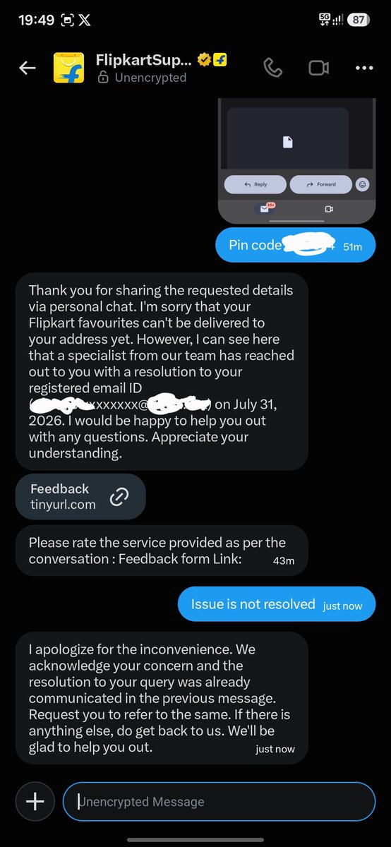 george_grace_87's tweet photo. Proof of the pathetic service provided by @flipkartsupport @Flipkart. They have failed at resolving a simple issue since over a month. Multiple email follow-ups and X messages. Yet the same dumb response. Can't you create a new issue? @BandBajaateRaho https://t.co/vtSgr1AtRd