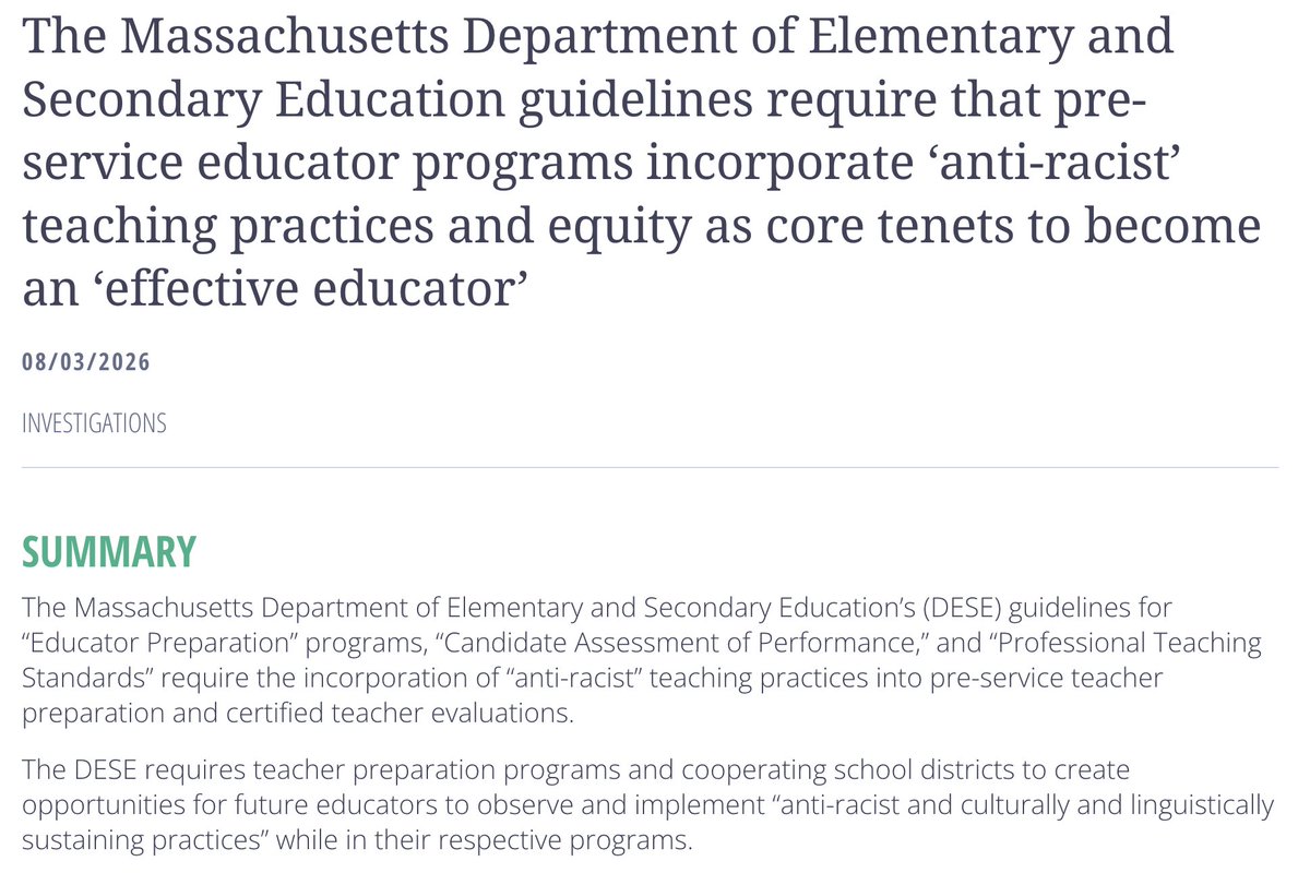 nickineily's tweet photo. 🚨 @DefendingEd investigated Massachusetts guidance that redefines what it means to be an “effective educator” by requiring teachers to use “anti-racist” and “culturally and linguistically sustaining” practices in the classroom. https://t.co/uCLnjahkOr