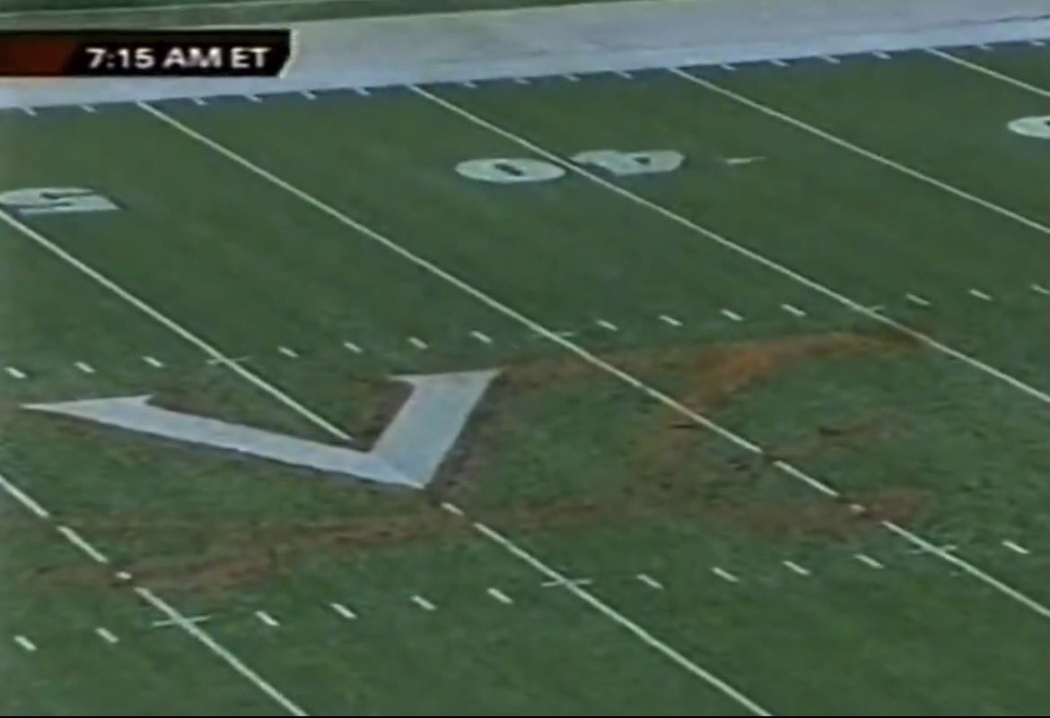 VT4L_Joe's tweet photo. 2005 some guys from the VT equipment staff found orange paint in one of the trailers and an open gate to Scott Field. The next morning the logo was modified at midfield https://t.co/zoPzBF5Qn2