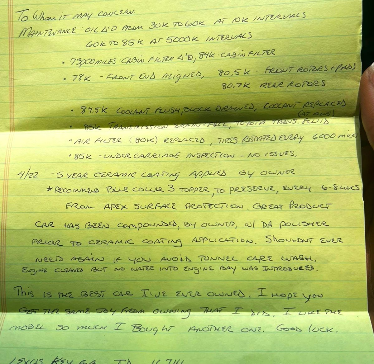 autocareplusng's tweet photo. The previous owner of this 2016 Lexus ES 350 in the U.S. left a handwritten note for the next owner.

He called it "THE BEST CAR I'VE EVER OWNED" and even included maintenance records, oil service recommendations, and paint care/buffing tips to help keep it in top condition.

This is the kind of history we love to see when sourcing cars for our clients.

The car has just 80,000 miles and has clearly been well cared for.