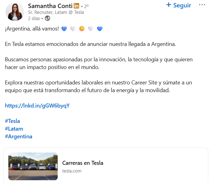 porquettfin's tweet photo. "Tesla busca empleados en Argentina"

Porque la Sr. Recruiter en Latam de Tesla abrió una búsqueda laboral en la red Linkedin.

El posteo: https://t.co/aVVbOKwOZr
