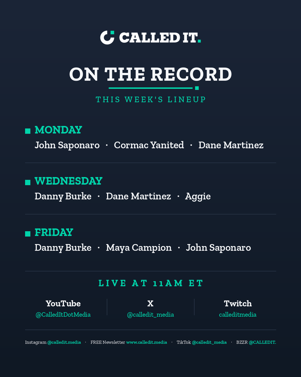 calledit_media's tweet photo. This week on 'On the Record', brought to you by CALLED IT.
Live 3 days this week - streaming on X, YouTube, Facebook & Twitch. Join us for your daily dose of prediction market content, debate, sporting takes and more!
#predictionmarkets #liveshow #calledit