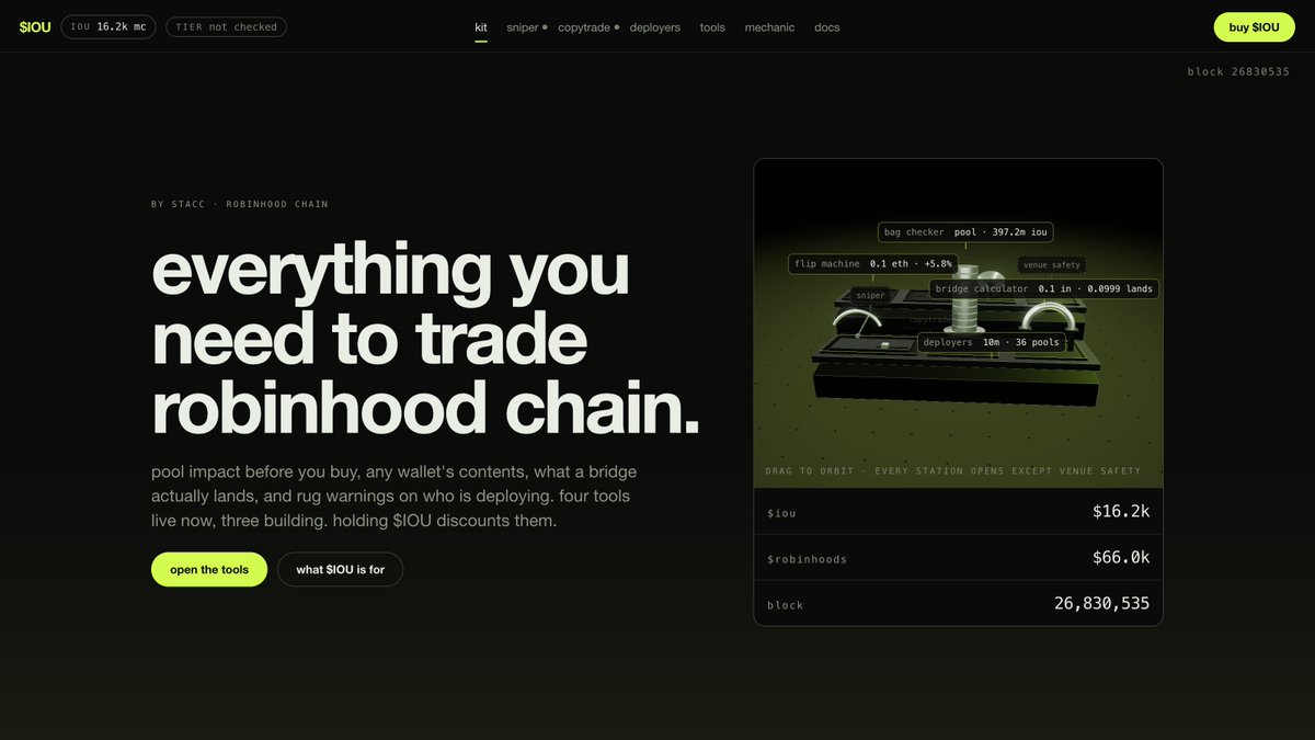 IOUStacc's tweet photo. $IOU Terminal: the trading kit for Robinhood

• flip machine:  what your buy does to the pool, before you send it
• bag checker: any address, read straight off the chain
• deployers: live launch feed, deployment record, farm flags

being built:
• sniper: a contract you own. it trades. it cannot withdraw.
• copytrade: a vault only you withdraw from. leave mid-run.
• venue safety: sellability proven by a real round trip, not a badge.