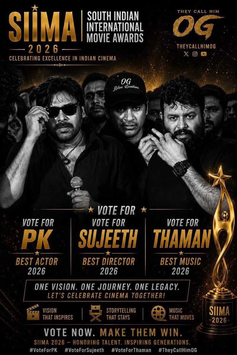PSPKHolics's tweet photo. We all know #OG is an Emotion, Let's Vote and Celebrate
⭐ PK – Best Actor
⭐ Sujeeth – Best Director
⭐ Thaman S – Best Music
https://t.co/yf7mFPnt53
#TheyCallHimOG #SIIMA2026 #OG #VoteForPK #VoteForSujeeth #VoteForThaman https://t.co/JLG7AGQiAz