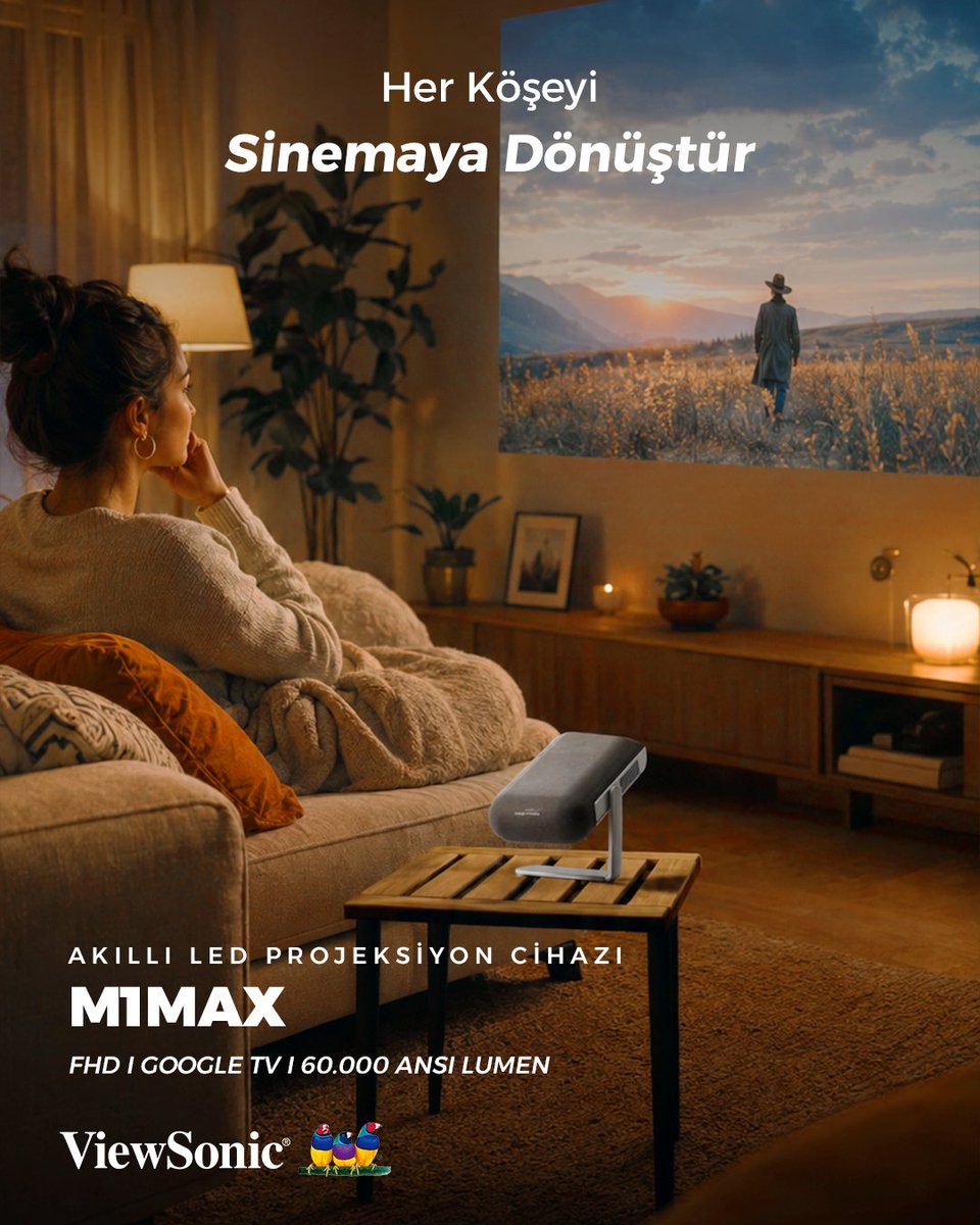 ViewSonicTR's tweet photo. 🎬 Evinin her köşesini sinema deneyimine dönüştür.

MIMAX akıllı LED projeksiyon cihazı ile netlik, parlaklık ve akıcılık bir arada.
Google TV ile içeriklere anında ulaş, yüksek ANSI lümen gücüyle her detayı yakala.

Kendi sahneni yarat, hikayenin içinde ol. https://t.co/4ASLCuJSah