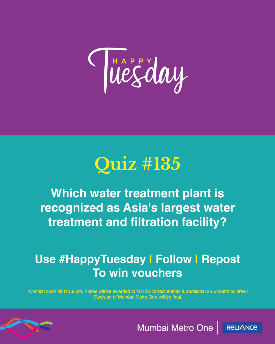 MumbaiMetro01's tweet photo. #HappyTuesday quiz is here! 

The 135th edition is about a complex supplying drinking water to millions of residents, sourcing raw water from the Tulsi, Vihar and Upper Vaitarna lakes.

Prizes will be awarded to 50 winners, the first 25 correct entries, and an additional 25 winners by draw.

Follow, Repost and Use #HappyTuesday (all mandatory) to win. 

#ContestAlert #Giveaways #Voucher #MumbaiMetro
