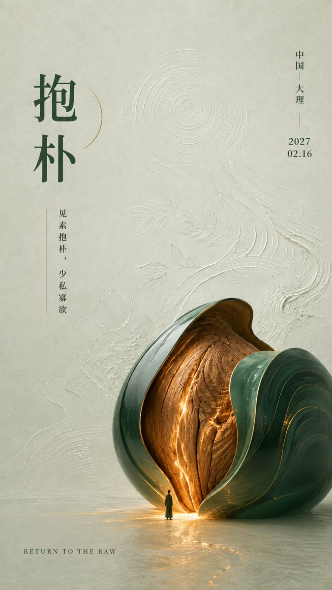 MrLarus's tweet photo. 🤯 用 GPT-Image2 把东方修养箴言，���成了一组留白艺术海报！

黑金匣体、朱漆镜面、青花瓷器与翡翠木芯，分别对应等待、自省、守真与归本✨

1. 藏器 — 君子藏器于身，待时而动
2. 慎独 — 君子慎其独也
3. 守拙 — 守拙归园田
4. 抱朴 — 见素抱朴，少私寡欲

重物件、小人物、浅压纹和大面积留白，继续用同一套东方视觉语言呈现。

Prompt below 👇