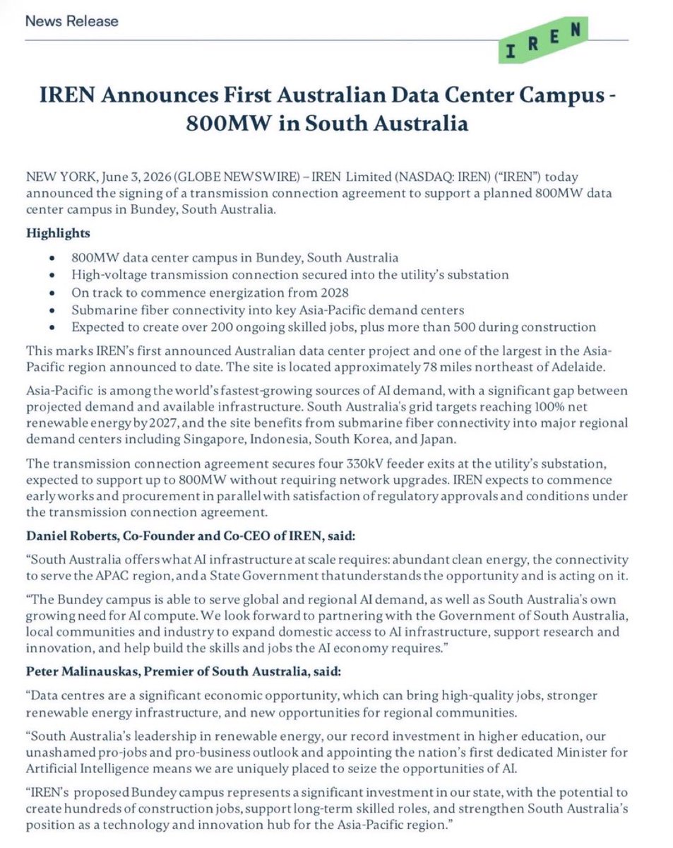 DollarCostAvg's tweet photo. $IREN:  800 MW AUSTRALIA 🇦🇺 SITE

Australia site will be secured By $ANTHROPIC OR $MSFT ￼

Going to have EPIC run Either Way. https://t.co/V1XPizK5iX