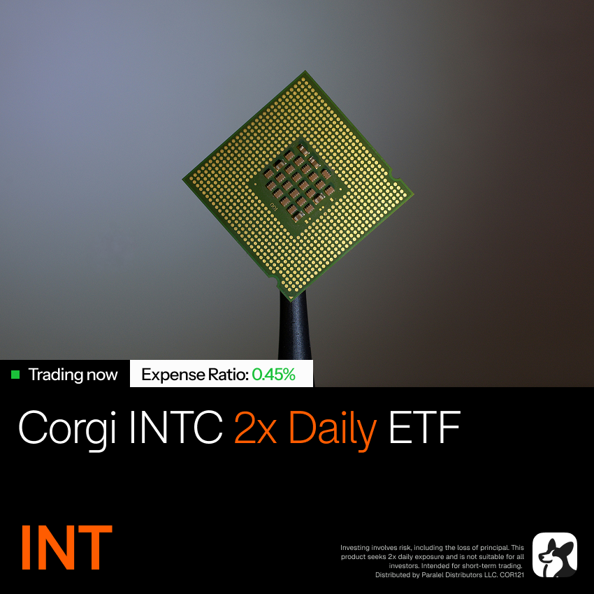 CorgiAM's tweet photo. Want lower-cost 2x Intel exposure?

The Corgi INTC 2x Daily ETF, $INT, seeks two times Intel's $INTC daily performance at a 0.45% expense ratio, the lowest net expense ratio of any 2x INTC ETF (universe: US-listed 2x INTC ETFs; source: ETF Central, as of 7/6/2026)

Learn more at https://t.co/u41se9rosu
