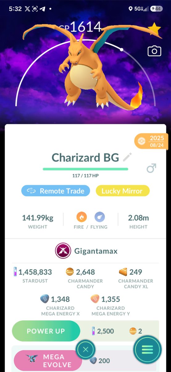 Cruzza340's tweet photo. LF the ✨️ of this BG Charizard (Dark Skies) for a ✨️ BG Mewtwo. Let's lock in a lucky trade. #Pokémon Go https://t.co/FrCnaG2EAC