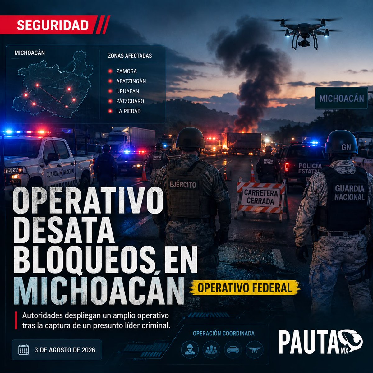 pauta_mx's tweet photo. 🚨 Operativos federales y bloqueos carreteros en Michoacán tras la captura de un presunto líder criminal.

Las autoridades mantienen presencia en la zona mientras continúan las investigaciones.
🔗https://t.co/5hWu0TemhM
#PautaMx #Michoacán #Seguridad https://t.co/GfFBwcNH4m