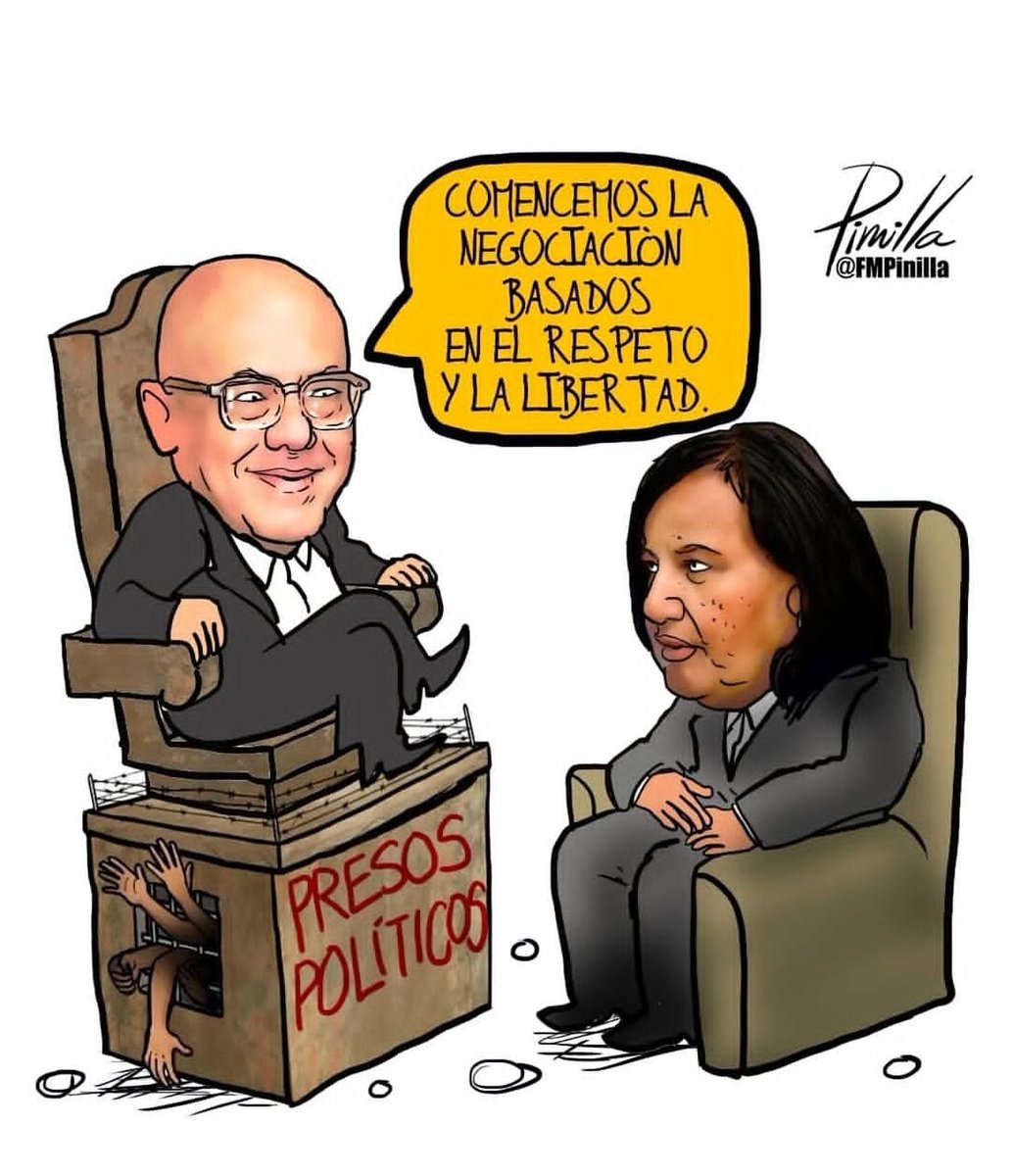 maibortpetit's tweet photo. Mi reconocimiento  a @fmpinilla por esta excelente caricatura, que retrata con inteligencia e ironía el inicio de los diálogos en Venezuela, teniendo como telón de fondo la realidad de los presos políticos. Una obra que demuestra cómo el arte gráfico puede transmitir, en una sola imagen, el momento que vive el país.