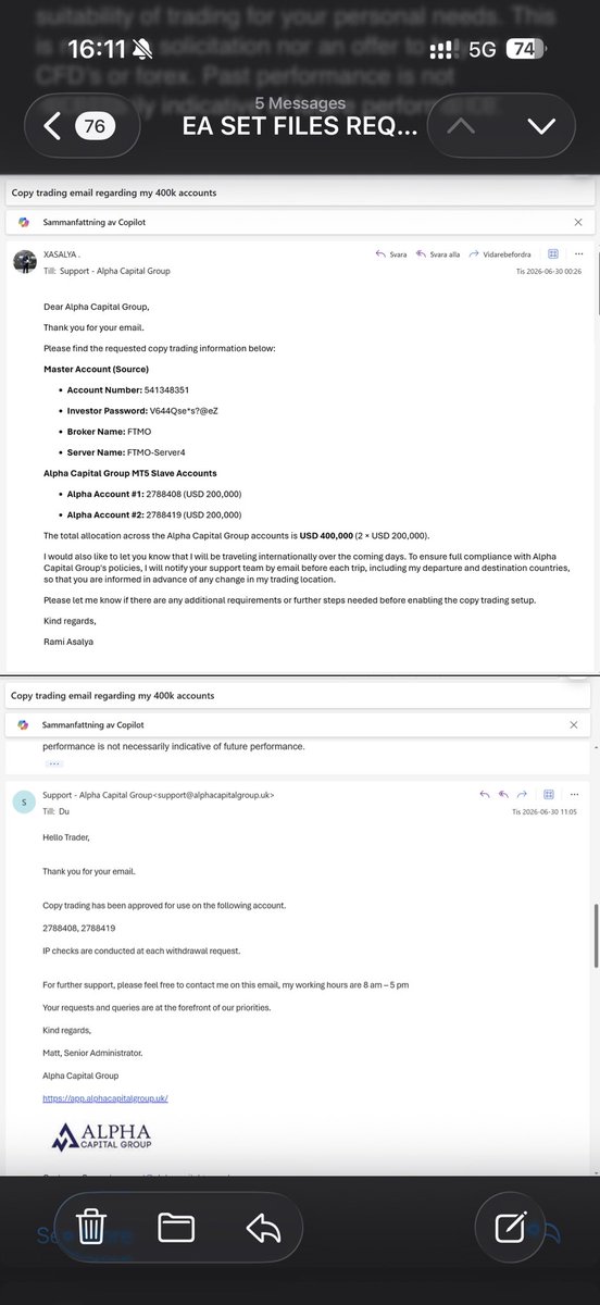 realasalya's tweet photo. ⚠️ PUBLIC WARNING REGARDING ALPHA CAPITAL GROUP

I normally prefer resolving issues privately, but after repeated attempts to resolve this matter directly, I believe traders deserve to know what happened to me.

I was working toward $400,000 in funded accounts with Alpha Capital Group.

BEFORE using copy trading, I contacted Alpha Capital Group and disclosed exactly what I intended to do:

• My FTMO account would be the MASTER account
• Two Alpha Capital Group $200K accounts would be the SLAVE accounts
• Total ACG allocation: $400,000
• I provided the master account number, investor password and server information
• I even notified them about my international travel/IP changes to remain fully transparent

Alpha Capital Group then confirmed to me in writing:

“Copy trading has been approved for use on the following account.”

I proceeded based on that approval.

I successfully passed my @FTMO_com evaluation. As part of FTMO’s normal process after passing, the evaluation account was deactivated and I received my funded account.

Alpha Capital Group is now refusing to complete verification of my copied trades because the FTMO master evaluation account is no longer active.

What makes this especially concerning is that ACG themselves wrote:

“While your copy trading setup was approved at the time the master account was active…”

So there is no dispute that the setup was disclosed and approved.

I have offered additional evidence. I still have the trading history in MT5 and I offered to demonstrate the trades and my setup. I have also offered to cooperate with their team in any reasonable verification process.

Instead, I was offered a complimentary Stage 1 retry rather than the $400K funded accounts I believe I legitimately qualified for.

This is also NOT my first serious issue with Alpha Capital Group. I previously experienced another situation involving my accounts, which is why I made an exceptional effort this time to obtain written approval and document everything BEFORE trading.

I have emails, screenshots, account numbers, timestamps and the written approval. I am prepared to publish the relevant evidence so traders can review the situation and reach their own conclusions.

I also contacted Louie from Alpha Capital Group, with whom I had previously spoken directly. He asked for my email so he could look into the situation. I provided it and followed up, but I have not received the resolution I was expecting.

I am publicly asking Alpha Capital Group for one thing:

Review the evidence and honor the $400,000 funded accounts if I complied with the rules and the copy-trading arrangement that your own team approved in writing.

If @AlphaCapitalUK believes I violated a rule, I invite them to publicly identify the exact rule, the version of that rule that applied when my copy trading was approved, and explain how I was reasonably expected to keep an FTMO evaluation account active after successfully passing it.

Until this is resolved, I strongly recommend that traders document EVERYTHING before purchasing or trading prop-firm challenges.

This post represents my personal experience and is supported by communications and records in my possession.

I will keep the trading community updated.