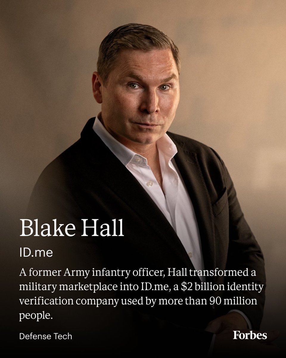 Forbes's tweet photo. https://t.co/M599UIzbYT has become a $2 billion business that allows individuals securely prove their identity online. Blake Hall's initial idea was to make it easier for veterans to access discounts and other benefits. The company has verified over 90 million identities, among them first responders, educators and, yes, 7.3 million veterans.

Read more about veterans taking on the tech boom: https://t.co/LbA5iztD0l
Photo: Aaron Kotowski for Forbes