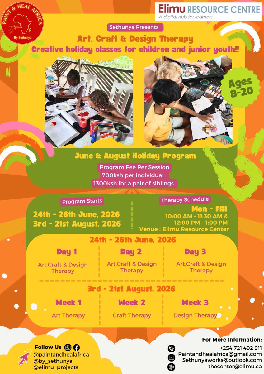 elimu_projects's tweet photo. Art, Craft & Design Therapy programme has officially begun at @elimu_projects , in partnership with Sethunya from Paint and Heal Africa and facilitated by Zenani.
DM to join the remaining sessions!
👧 Ages 8–20
📍Malindi
📅 Until 21 Aug
#ArtTherapy #CreativeYouth #Malindi https://t.co/h2nZQas8L8