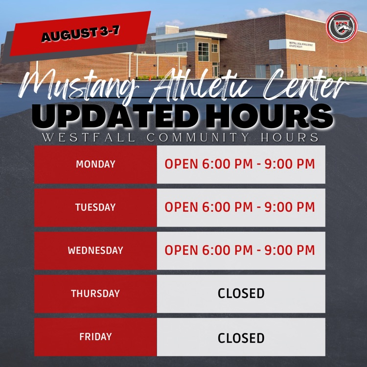 WestfallSchools's tweet photo. Community Hours for the week of August 3:

Dates and times are subject to change, so please check back weekly for the most up-to-date schedule. https://t.co/zH9Og8JvIf