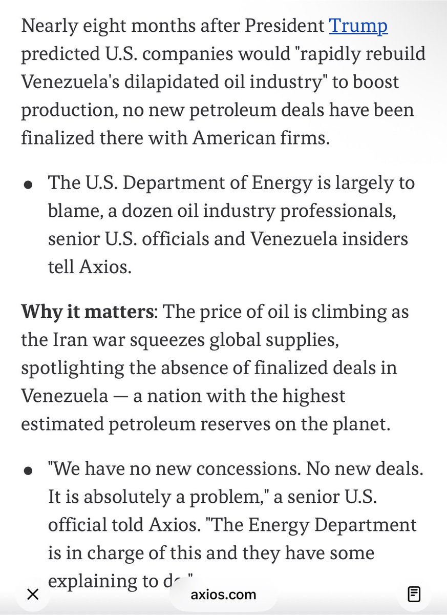 OrlvndoA's tweet photo. 🚨 | Lo que hoy revela Axios:

- Frustración en EEUU con la lentitud con que petroleros están invirtiendo en Venezuela.

- División dentro de la administración: funcionarios del Departamento de Estado y sectores MAGA del Gobiernos acusan al Departamento de Energía de solo querer favorecer a las grandes petroleras, dejando por fuera a los pequeños inversionistas que están dispuestos a asumir más riesgos.

- Hay preocupaciones de a quien le están dando los contratos en Venezuela. Hablan de “compañías recién formadas, con potenciales vínculos a China y corruptos de Caracas”.