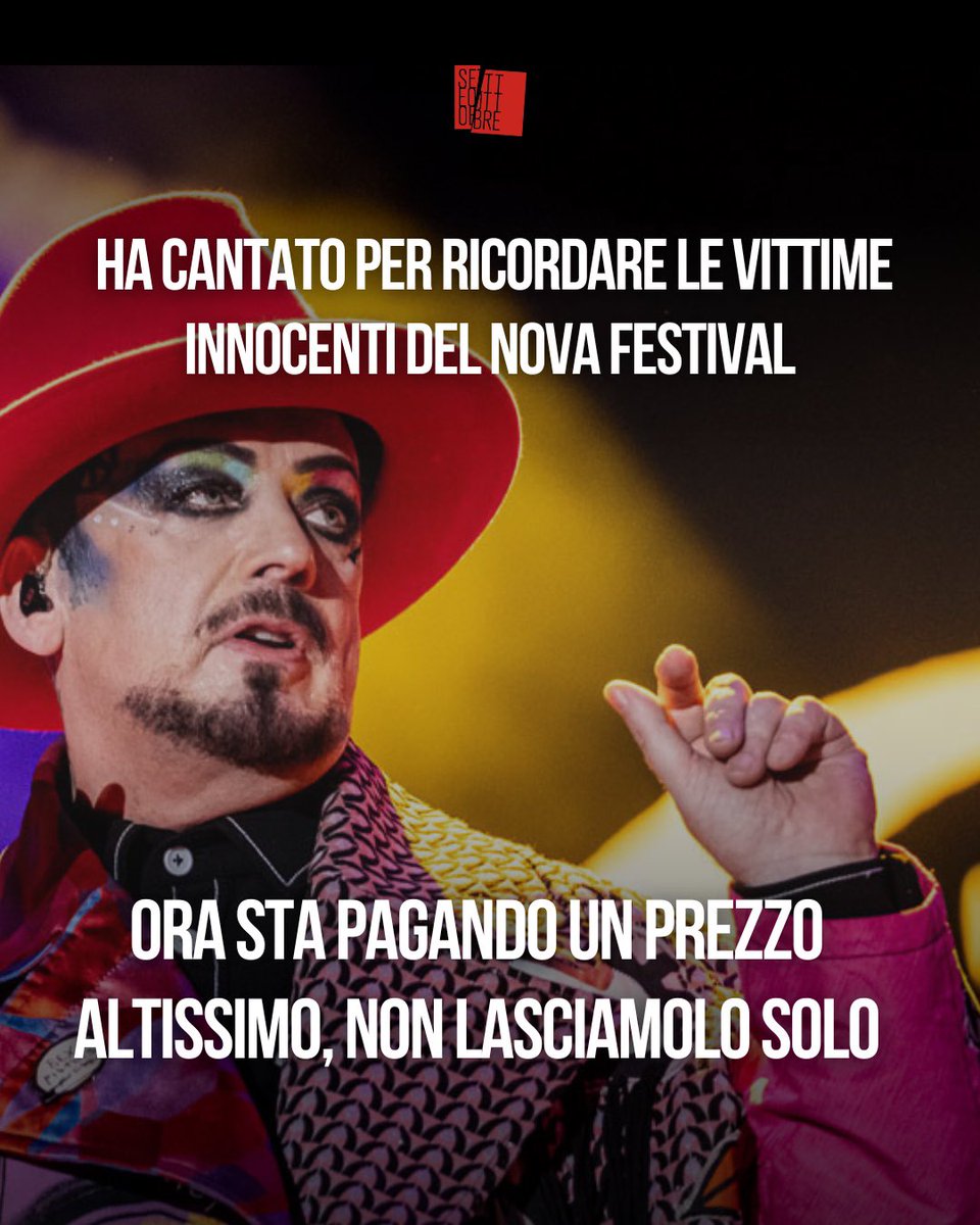 Setteottobre_'s tweet photo. Boy George non è ebreo. Ma ha scritto "We Will Dance Again" per le vittime del Festival Nova, massacrate da Hamas il 7 ottobre 2023.

Un uomo solo, che ha scelto di non stare zitto.

Il suo storico manager si è rifiutato di pubblicarla e Boy George ha chiuso con lui.

Poi ha rinunciato al ruolo di Re Erode in Jesus Christ Superstar a Londra, per non travolgere  dalle polemiche anche la produzione dell’opera. 

Ha perso il manager e il palco. E’ stato travolto da una campagna di odio indescrivibile ma non è arretrato di un passo.

Chi ha il coraggio di cantare per la pace, raccontare l’orrore, non nascondere la verità, non può restare da solo a pagarne il prezzo.

Ascolta "We Will Dance Again". Compriamola e facciamogli sentire la nostra solidarietà.

Il link per acquistarla è https://t.co/UyluxDthB5 @BoyGeorge
