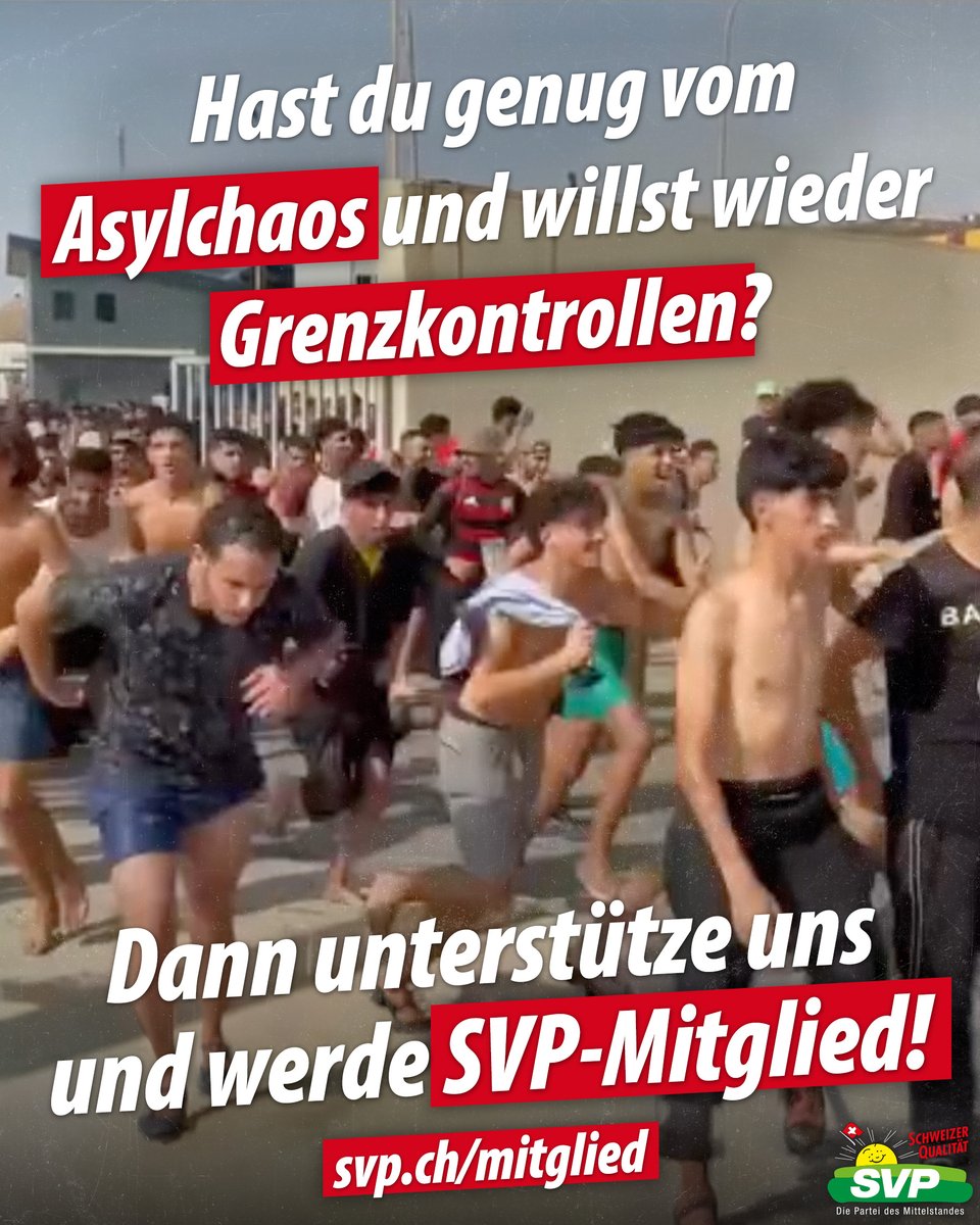 SVPch's tweet photo. Die SVP ist die einzige Partei, die das Asylchaos beenden und Grenzkontrollen einführen will. Unterstütze uns und werde jetzt SVP-Mitglied: https://t.co/sZRWU6BAJ4 https://t.co/1iEOAPzc9J
