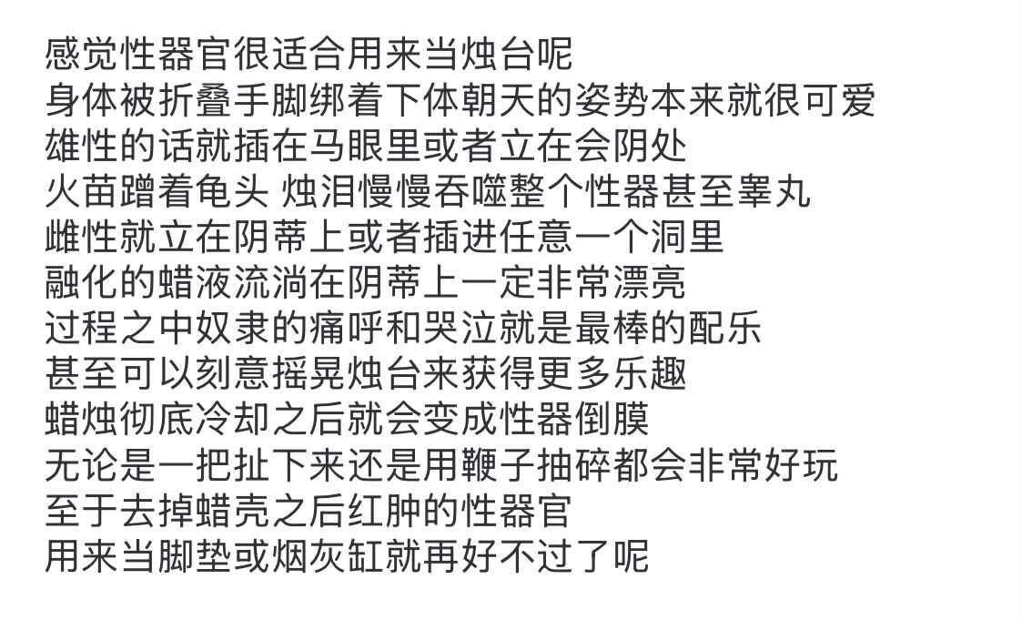 XuanGuillotine's tweet photo. 如图
我真的很喜欢这样折磨对方啊
脆弱的性器官就是很适合被粗暴对待嘛
龟头和阴蒂被烛泪包裹的时候
哭的肯定会很好听 https://t.co/tHheEoHDT4