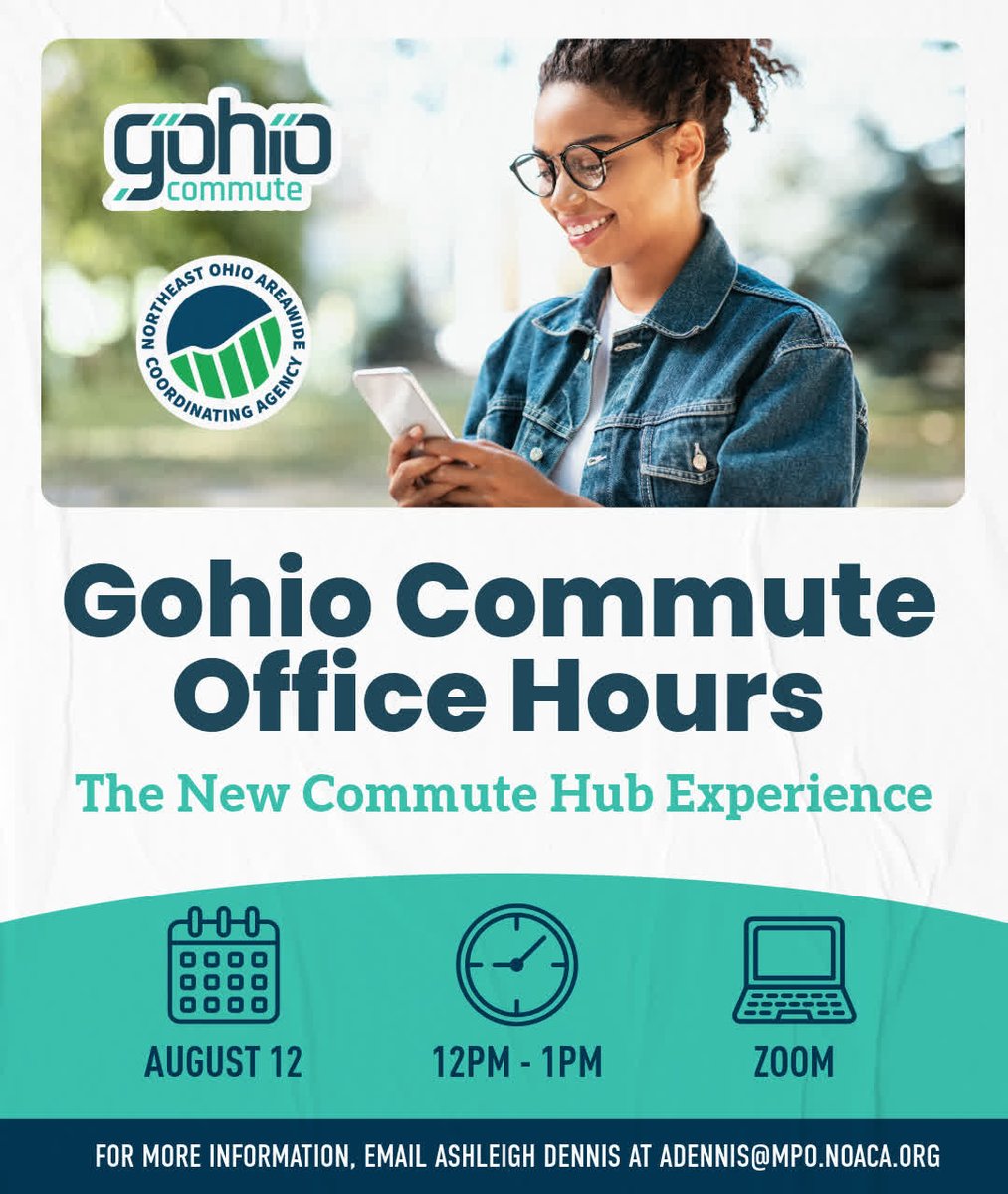 NOACA_MPO's tweet photo. 🚗 Join us on August 12 for Gohio Commute Office Hours!

Connect with the Gohio Commute team to learn about platform updates, new features, commuting resources, and ridesharing tools. Bring your questions and feedback—we're here to help! 

Register today: https://t.co/4uU5zz3dLR https://t.co/VhjRqNYZLS