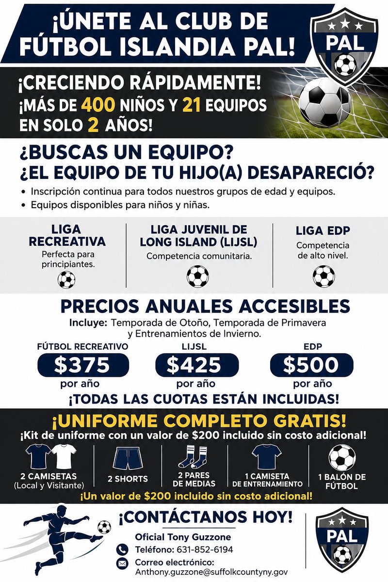 suffolkPALs's tweet photo. Contact Officer Guzzone for information on joining our PAL Islandia Soccer Club ⚽️ 
#soccerlife #boyssoccerteam #girlssoccerteam https://t.co/Xj3ZOck5a5