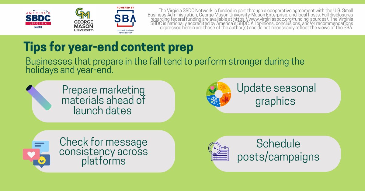 masonsbdc's tweet photo. Businesses that prepare early in the fall tend to perform stronger during the holidays and at the end of the year. Get ready in August for a smooth Q4 execution:

- Prepare your materials early
- update seasonal graphics
- check for message consistency across platforms
- schedule https://t.co/cl0XpZMTfa