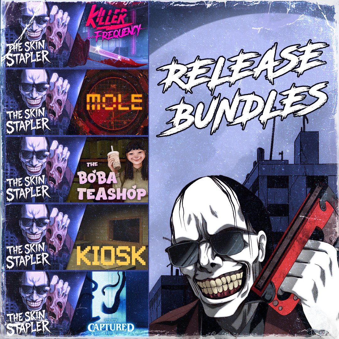 TaintedPact's tweet photo. The Skin Stapler will launch with bundles featuring absolute bangers from awesome indie devs!

Killer Frequency - @Team17 
MOLE - @oro_interactive 
The Boba Teashop - @MikeTenDev 
Kiosk - @vivigamedev
Captured 2 - @puckredflix 

Get some killer games at a killer price! https://t.co/a7Kj9RVacc
