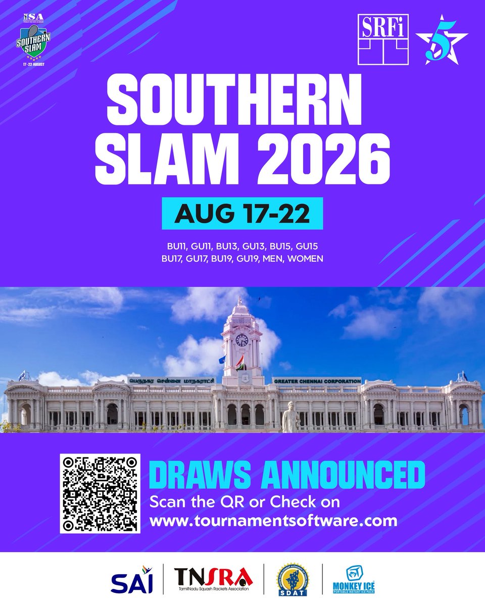 indiasquash's tweet photo. The draws for the Southern Slam 2026 are out now. ๐
Scan the QR code or head to the Tournament Software site to check the draws. Link in the story. ๐
#IndianSquash #Squash #SRFI #SouthernSlam https://t.co/zwnIdMpLWB